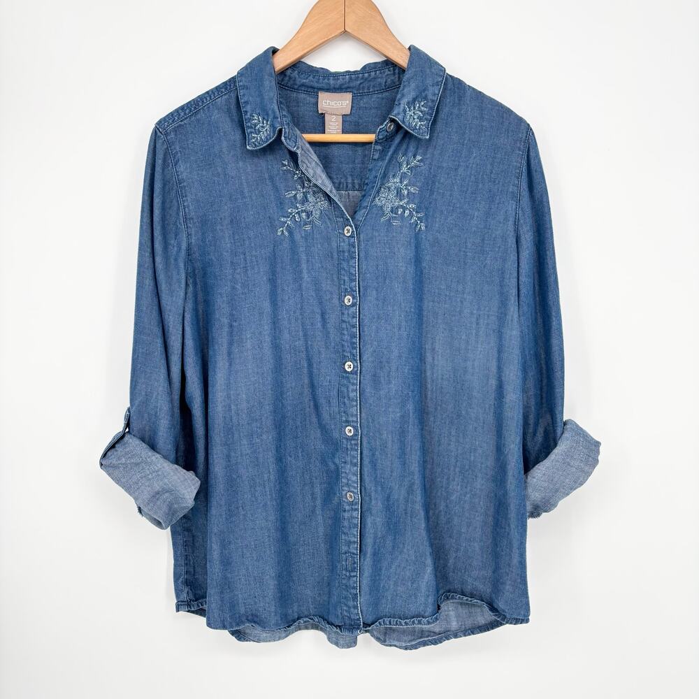 Chico's Tencel Rolled Cuff Embellished Collar Shirt Size L